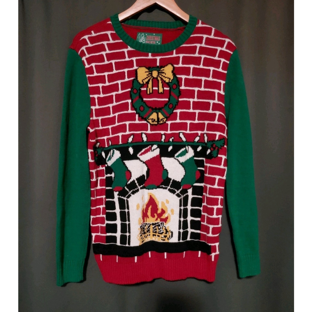 Ugly Christmas Sweater Fireplace Holiday Pullover Sweater Multi Size Medium